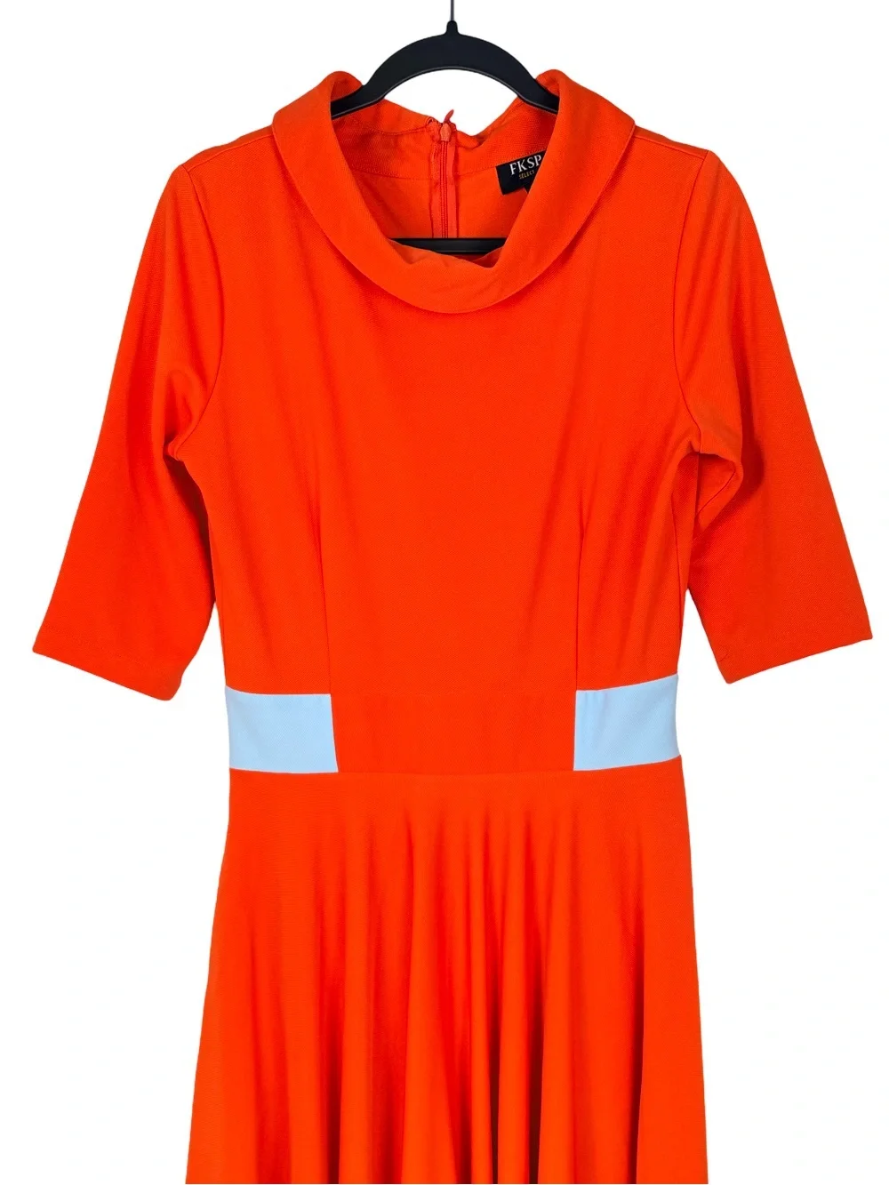 FKSP Bright Orange Midi Fit-and-Flare Dress with Light Blue Waist Accents - Picture 5 of 8